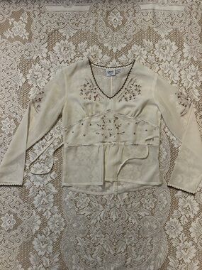 B. Moss Sheer Crochet Detail Chiffon Long Sleeve Top, Cream & Brown, Size M